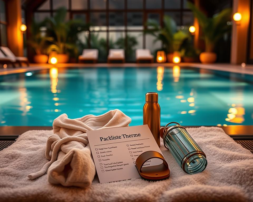 A serene and inviting scene depicting a "Packliste Therme" laid out on a soft, plush towel beside a peaceful indoor pool at the Bali Therme Oeynhausen. In the foreground, a neatly arranged travel checklist, including items like a fluffy robe, a pair of sandals, a reusable water bottle, and toiletries, all artfully placed. The middle ground features the tranquil water of the thermal pool, gently rippling under soft ambient lighting that enhances the relaxing atmosphere. In the background, lush tropical plants and softly lit lanterns create a warm, inviting ambiance. The light should have a golden, soft hue, creating a tranquil, cozy vibe, encouraging relaxation and enjoyment. The composition should be inviting yet orderly, evoking a sense of calm and preparation for a perfect spa day.