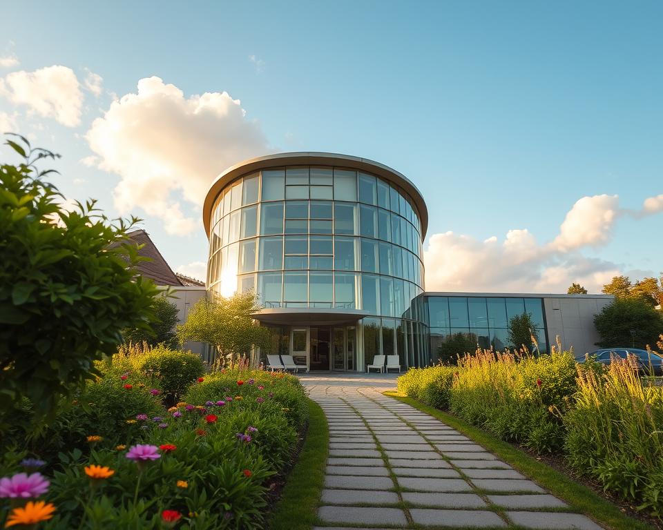A serene and inviting scene depicting the journey to Claudius Therme in Köln. In the foreground, a well-maintained pathway lined with lush greenery and vibrant flowers leads the viewer to the entrance of the wellness facility, exuding tranquility. The middle ground features the modern architecture of the Claudius Therme, with large glass windows reflecting the surrounding nature, creating a harmonious blend of space and comfort. The background reveals a clear blue sky with soft, fluffy clouds, enhancing the calm atmosphere. The lighting is warm and golden, suggesting late afternoon, inviting visitors to relax. The angle captures the entrance with a slight upward tilt, drawing attention to its welcoming design. The mood is peaceful and stress-relieving, perfect for showcasing a stress-free arrival experience. A serene and inviting scene depicting the journey to Claudius Therme in Köln. In the foreground, a well-maintained pathway lined with lush greenery and vibrant flowers leads the viewer to the entrance of the wellness facility, exuding tranquility. The middle ground features the modern architecture of the Claudius Therme, with large glass windows reflecting the surrounding nature, creating a harmonious blend of space and comfort. The background reveals a clear blue sky with soft, fluffy clouds, enhancing the calm atmosphere. The lighting is warm and golden, suggesting late afternoon, inviting visitors to relax. The angle captures the entrance with a slight upward tilt, drawing attention to its welcoming design. The mood is peaceful and stress-relieving, perfect for showcasing a stress-free arrival experience.