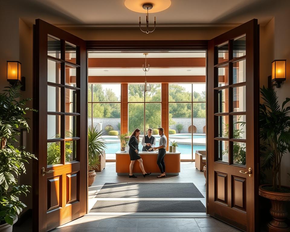 A serene and inviting scene of the Claudius Therme spa and wellness center in Cologne, showcasing its tranquil exterior. In the foreground, elegant wooden entrance doors lead into a calm and sophisticated lobby, decorated with lush greenery and soft ambient lighting. The middle ground features a spacious reception area where friendly staff are assisting guests in professional attire. In the background, large windows reveal a picturesque view of the spa's outdoor thermal pools surrounded by a peaceful garden, under a bright and cheerful sky. The atmosphere is relaxing and refreshing, embodying a perfect sanctuary for relaxation. The sunlight streams in gently, casting soft shadows that enhance the warm, inviting feel of the space. A serene and inviting scene of the Claudius Therme spa and wellness center in Cologne, showcasing its tranquil exterior. In the foreground, elegant wooden entrance doors lead into a calm and sophisticated lobby, decorated with lush greenery and soft ambient lighting. The middle ground features a spacious reception area where friendly staff are assisting guests in professional attire. In the background, large windows reveal a picturesque view of the spa's outdoor thermal pools surrounded by a peaceful garden, under a bright and cheerful sky. The atmosphere is relaxing and refreshing, embodying a perfect sanctuary for relaxation. The sunlight streams in gently, casting soft shadows that enhance the warm, inviting feel of the space.