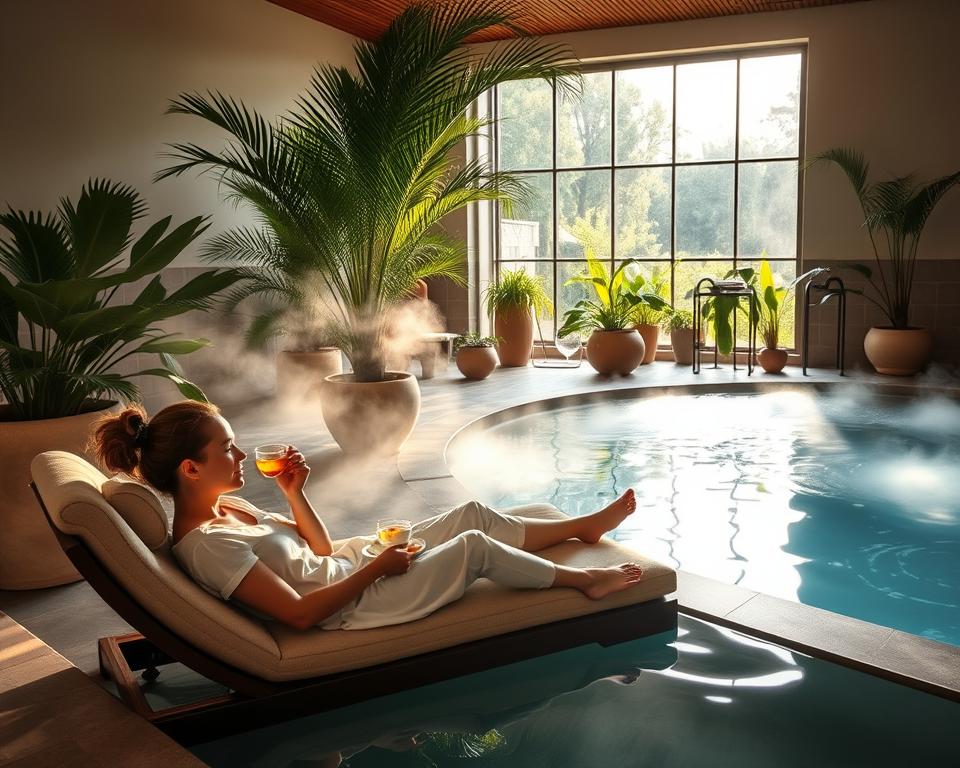 A serene and inviting spa environment at the Bali Therme Oeynhausen, showcasing a peaceful indoor thermal bath filled with steaming crystal-clear water. In the foreground, a couple in modest casual attire relaxes in plush lounge chairs, sipping herbal tea. The middle ground features elegant palms and soft, tranquil water features, while the background reveals a large window with sunlight filtering through lush greenery, casting gentle reflections on the water surface. The overall atmosphere is calm and rejuvenating, capturing the essence of relaxation. Soft, natural lighting illuminates the scene, enhancing the warm, welcoming ambiance. Focused on creating a harmonious balance of comfort and tranquility, the composition should evoke a sense of complete serenity and the perfect spa day.