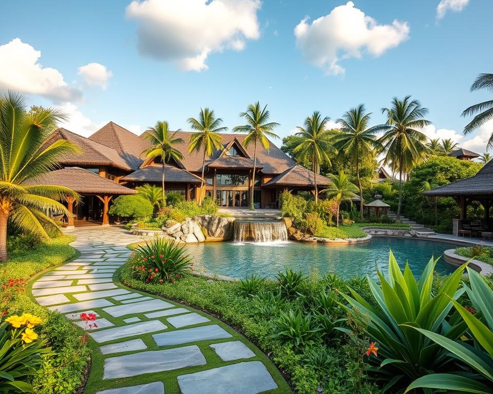 A serene overview of the Bali Therme in Bad Oeynhausen, showcasing a lush tropical landscape that mimics a Balinese paradise. In the foreground, elegantly designed stone pathways adorned with vibrant green plants and flowers lead to the entrance of the spa. In the middle ground, the striking architecture of the Bali Therme, featuring unique thatched roofs and large glass windows, reflects the tranquil atmosphere. The background includes a gentle waterfall cascading into a serene pool, surrounded by lush palm trees under a light blue sky with fluffy white clouds. Soft, warm sunlight filters through the trees, creating a peaceful ambiance. The composition evokes relaxation and tranquility, perfect for illustrating the essence of a soothing retreat. No people should be present in the scene.