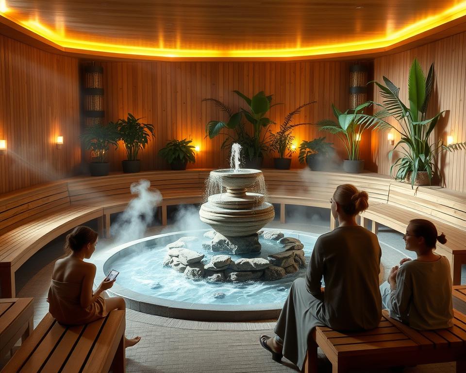 A serene sauna area within the Bali Therme Oeynhausen, featuring natural wooden benches and soothing ambient lighting. In the foreground, there are a few individuals dressed in modest, comfortable attire, enjoying the tranquil atmosphere and engaging in relaxation. The middle ground showcases a beautifully designed stone fountain with steam gently rising around it, creating a calming effect. The background is filled with lush indoor plants and wooden paneling, enhancing the wellness environment. Soft, warm light filters through, casting gentle shadows and creating a welcoming ambiance. The overall mood of the scene is peaceful and rejuvenating, embodying the essence of sauna culture and relaxation.