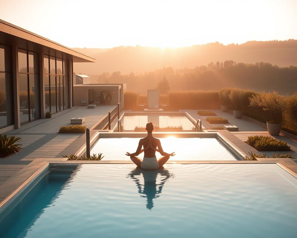 A serene scene at Claudius Therme in Cologne during a peaceful early morning. In the foreground, a calm blue thermal pool reflects the soft golden light of dawn, surrounded by lush green plants and sleek stone pathways. The middle ground features soothing spa areas with modern architecture, including glass panels that invite natural light. A few serene individuals, dressed in modest casual attire, practice yoga and meditation near the pool, emphasizing relaxation and tranquility. In the background, gentle hills and trees outline the horizon, creating a soft, inviting atmosphere. The overall mood is one of peace and solitude, encouraging visitors to enjoy a quiet escape from the hustle and bustle. The lighting is warm and soft, ideal for capturing the essence of a serene retreat. A serene scene at Claudius Therme in Cologne during a peaceful early morning. In the foreground, a calm blue thermal pool reflects the soft golden light of dawn, surrounded by lush green plants and sleek stone pathways. The middle ground features soothing spa areas with modern architecture, including glass panels that invite natural light. A few serene individuals, dressed in modest casual attire, practice yoga and meditation near the pool, emphasizing relaxation and tranquility. In the background, gentle hills and trees outline the horizon, creating a soft, inviting atmosphere. The overall mood is one of peace and solitude, encouraging visitors to enjoy a quiet escape from the hustle and bustle. The lighting is warm and soft, ideal for capturing the essence of a serene retreat.