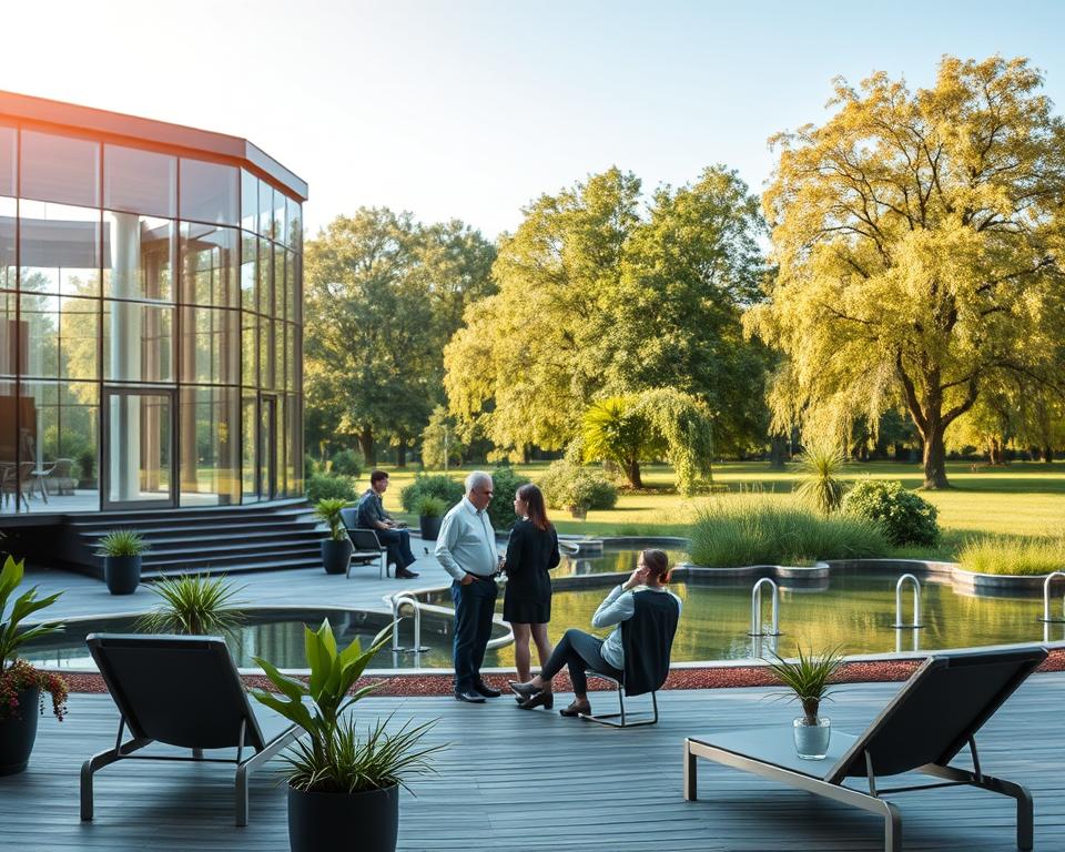 A serene view of Claudius Therme in Rheinpark, Köln, showcasing the elegant glass and wood architecture of the wellness center surrounded by lush greenery and tranquil water features. In the foreground, a peaceful seating area with modern lounge chairs and potted plants, inviting relaxation. The middle layer features guests in professional casual attire, enjoying the nature and wellness ambiance, embodying a sense of tranquility and well-being. The background presents the picturesque park setting with trees gently swaying in the breeze under soft natural sunlight, creating a warm and inviting atmosphere. Capture the essence of a relaxation oasis, focusing on harmony and wellness. Use a wide-angle perspective with balanced lighting to evoke a calming mood, ensuring a clean, idyllic, and inviting scene. A serene view of Claudius Therme in Rheinpark, Köln, showcasing the elegant glass and wood architecture of the wellness center surrounded by lush greenery and tranquil water features. In the foreground, a peaceful seating area with modern lounge chairs and potted plants, inviting relaxation. The middle layer features guests in professional casual attire, enjoying the nature and wellness ambiance, embodying a sense of tranquility and well-being. The background presents the picturesque park setting with trees gently swaying in the breeze under soft natural sunlight, creating a warm and inviting atmosphere. Capture the essence of a relaxation oasis, focusing on harmony and wellness. Use a wide-angle perspective with balanced lighting to evoke a calming mood, ensuring a clean, idyllic, and inviting scene.
