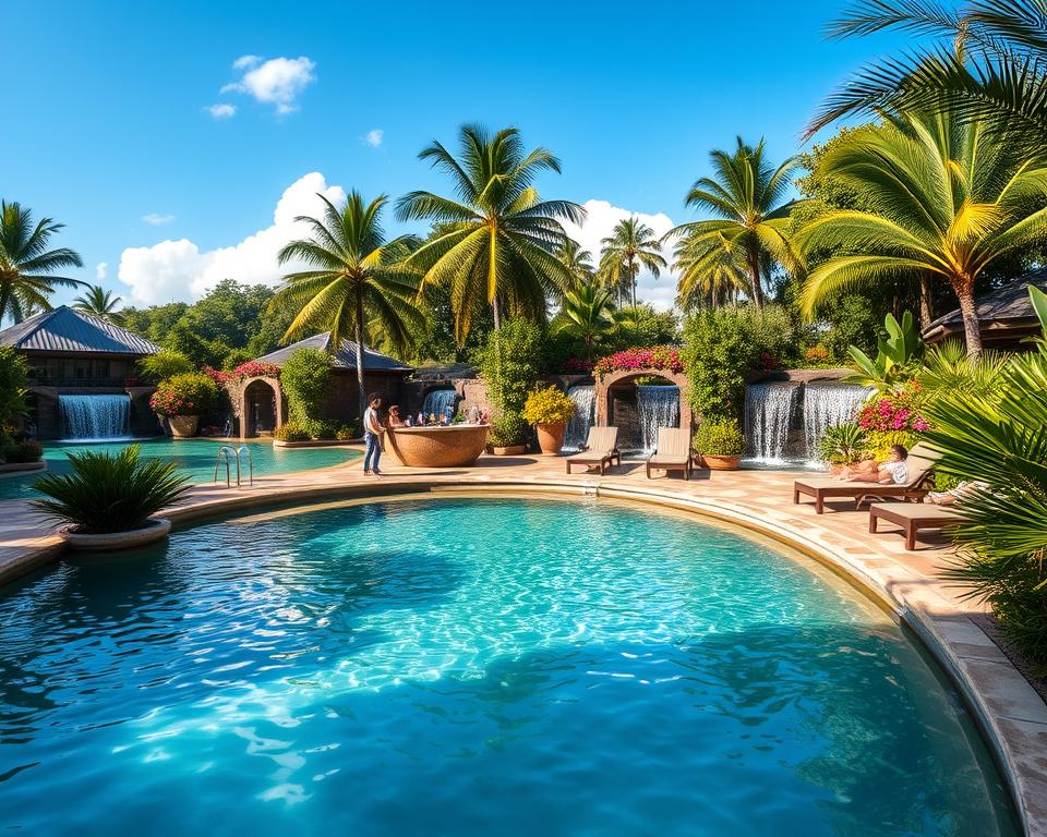 A serene view of the Bali Therme in Bad Oeynhausen, showcasing a luxurious thermal spa experience. In the foreground, a tranquil pool with softly rippling water, surrounded by lush tropical plants and elegant stone pathways. The middle ground includes relaxing lounge chairs with visitors dressed in modest, casual attire, enjoying the peaceful atmosphere. The background features cascading waterfalls and colorful exotic flowers, with gentle sunlight filtering through the palm trees, casting dappled shadows on the ground. The overall mood is of relaxation and rejuvenation, with a clear blue sky and a few fluffy clouds to enhance the tranquil setting. The image is captured with a wide-angle lens to encompass the beauty and ambiance of this oasis of calm.