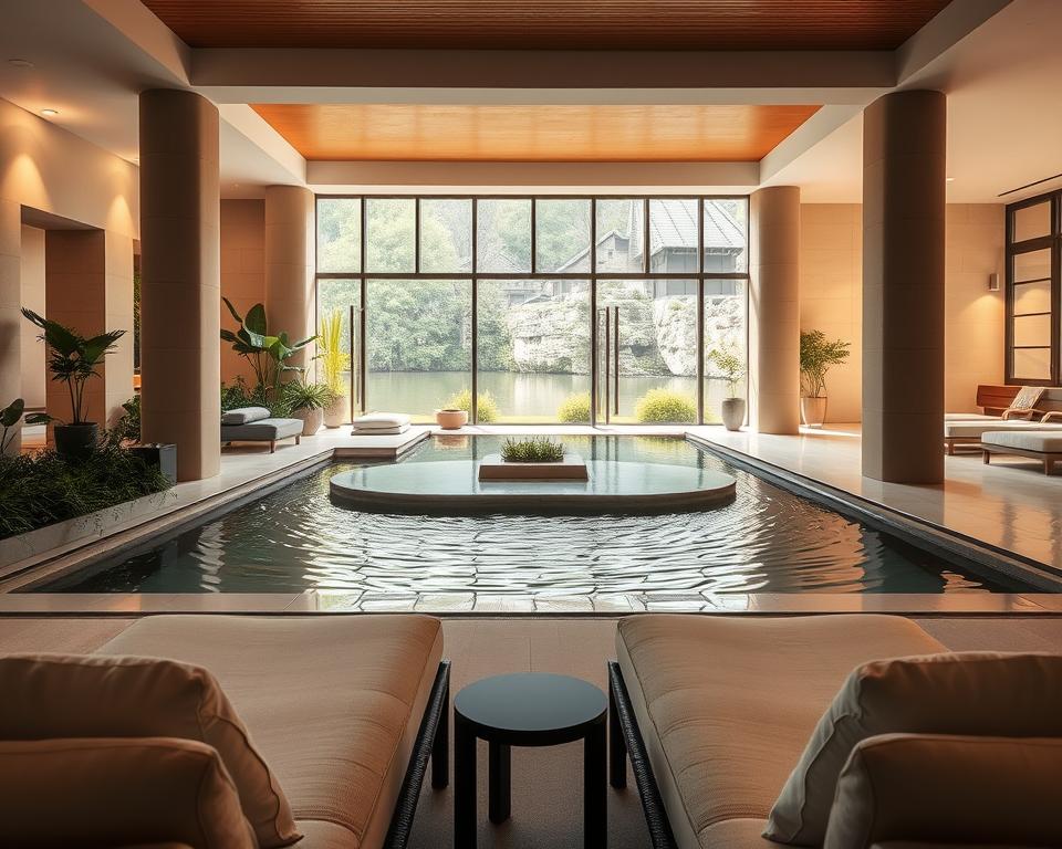 A serene wellness area inside the Claudius Therme in Cologne, showcasing elegant architectural elements. In the foreground, plush loungers with soft, neutral-toned pillows provide comfort. The middle ground features a calming water feature with gentle ripples, surrounded by lush greenery and minimalist wooden accents. The background reveals large glass windows letting in warm, natural light, creating an inviting atmosphere. The lighting is soft and diffused, enhancing the tranquil mood. Capture the scene from a slightly elevated angle to emphasize the openness and spaciousness of the area, inviting viewers into this oasis of peace and relaxation. The overall ambiance should evoke a sense of luxurious calm and refined simplicity. A serene wellness area inside the Claudius Therme in Cologne, showcasing elegant architectural elements. In the foreground, plush loungers with soft, neutral-toned pillows provide comfort. The middle ground features a calming water feature with gentle ripples, surrounded by lush greenery and minimalist wooden accents. The background reveals large glass windows letting in warm, natural light, creating an inviting atmosphere. The lighting is soft and diffused, enhancing the tranquil mood. Capture the scene from a slightly elevated angle to emphasize the openness and spaciousness of the area, inviting viewers into this oasis of peace and relaxation. The overall ambiance should evoke a sense of luxurious calm and refined simplicity.