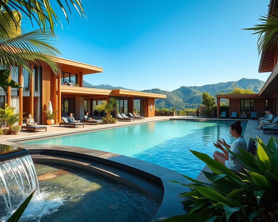 A serene wellness scene in Bad Oeynhausen showcasing the luxurious Bali Therme. In the foreground, a tranquil pool area surrounded by lush tropical plants, with a gentle waterfall cascading into the water. Visitors, dressed in modest casual clothing, are enjoying the surroundings, some relaxing on comfortable lounge chairs, while others engage in calming activities like meditation and yoga. The middle layer features elegant architecture with bamboo and wooden accents, incorporating natural light streaming in through large windows, creating a warm and inviting atmosphere. In the background, soft hills and a clear blue sky evoke a sense of tranquility and escape. Use soft, natural lighting to enhance the peaceful ambiance, with a wide-angle lens to capture the expansive view of wellness and relaxation.