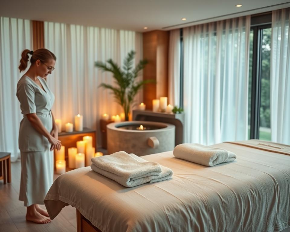 A serene wellness scene inside the Claudius Therme in Köln, showcasing a tranquil massage room. In the foreground, a professional massage therapist, wearing a simple white uniform, gently prepares a treatment table adorned with soft white linens and plush towels. In the middle ground, warm wooden elements create a cozy ambiance, complemented by flickering candles casting gentle light. A soothing water feature can be seen bubbling softly in the corner, surrounded by calm greenery. The background features large windows with sheer curtains, letting in natural light that enhances the atmosphere of relaxation and serenity. The overall mood is peaceful and inviting, capturing the essence of a lavish wellness experience. A serene wellness scene inside the Claudius Therme in Köln, showcasing a tranquil massage room. In the foreground, a professional massage therapist, wearing a simple white uniform, gently prepares a treatment table adorned with soft white linens and plush towels. In the middle ground, warm wooden elements create a cozy ambiance, complemented by flickering candles casting gentle light. A soothing water feature can be seen bubbling softly in the corner, surrounded by calm greenery. The background features large windows with sheer curtains, letting in natural light that enhances the atmosphere of relaxation and serenity. The overall mood is peaceful and inviting, capturing the essence of a lavish wellness experience.