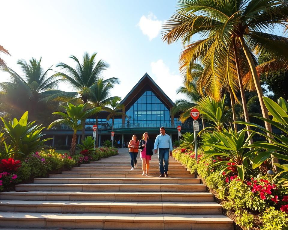 A vibrant and serene pathway leading to the entrance of Bali Therme in Oeynhausen, surrounded by lush tropical plants and palm trees. In the foreground, detailed bright stone steps guide visitors, adorned with colorful flowers. In the middle, a modern yet tropical-style building with a large glass facade glimmers under warm sunlight, reflecting the lush surroundings. Visitors, dressed in smart casual clothing, walk towards the entrance, looking relaxed and inviting, embodying a sense of tranquility. In the background, soft blue skies greet a few fluffy white clouds. The lighting is soft and warm, suggesting a peaceful afternoon atmosphere. Capture this scene from a slightly elevated angle to provide an inviting overview of the area.
